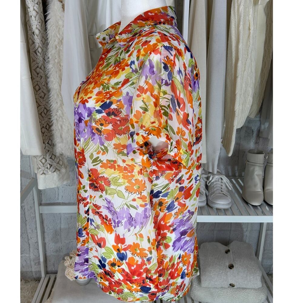 Apparenza Women's Size 1X Multicolor Floral Sheer Button Up Blouse #0388 - Picture 3 of 11